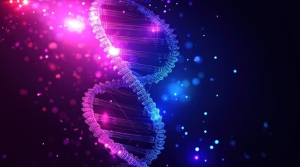 Colorful DNA strand glowing in a dark abstract background with bokeh lights.