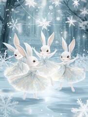 Obraz premium Whimsical Bunnies Joyfully Dancing in a Magical Snowy Wonderland Full of Enchantment