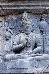 Prambanan 9th century Hindu temple.  Bas-reliefs telling the story of the Hindu epic Ramayana and...