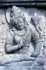 Prambanan 9th century Hindu temple.  Bas-reliefs telling the story of the Hindu epic Ramayana and...