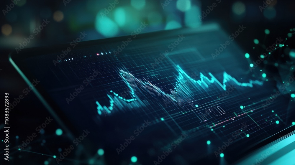 Poster digital graph in futuristic interface displays data trends and metrics.