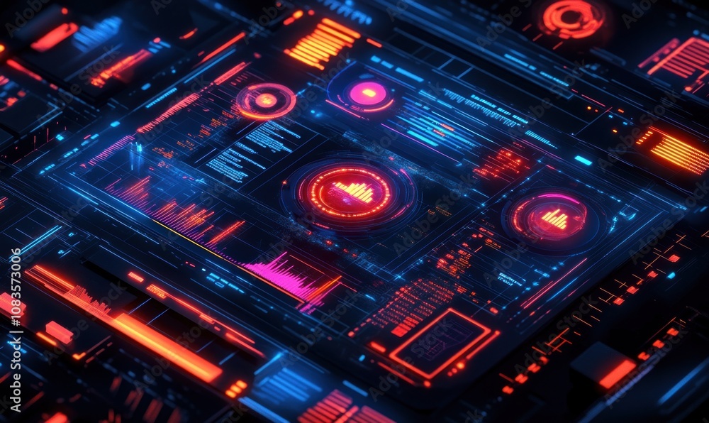 Aufkleber Abstract Futuristic Interface with Glowing Red and Blue Lines