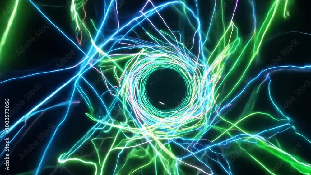 Poster camera rotates around an explosion of neon green and blue pulsating energy waves, creating a lively 