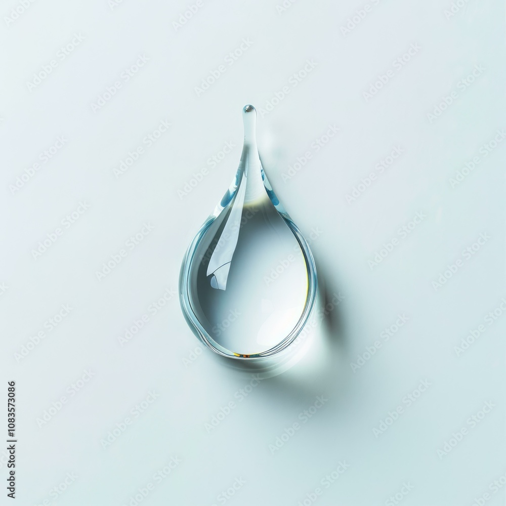 Poster clean water drop with a pointed tip casting a shadow on a uniform white background, representing pur