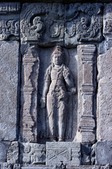 Prambanan 9th century Hindu temple.  Bas-reliefs telling the story of the Hindu epic Ramayana and...