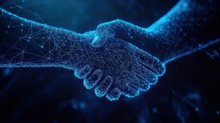 Digital handshake concept with glowing lines and points against a dark blue background.