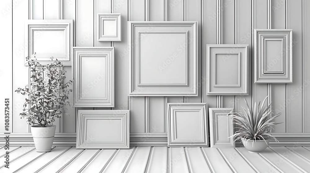 Poster a stylish and minimalist display of empty picture frames on a light grey wall with greenery enhancin