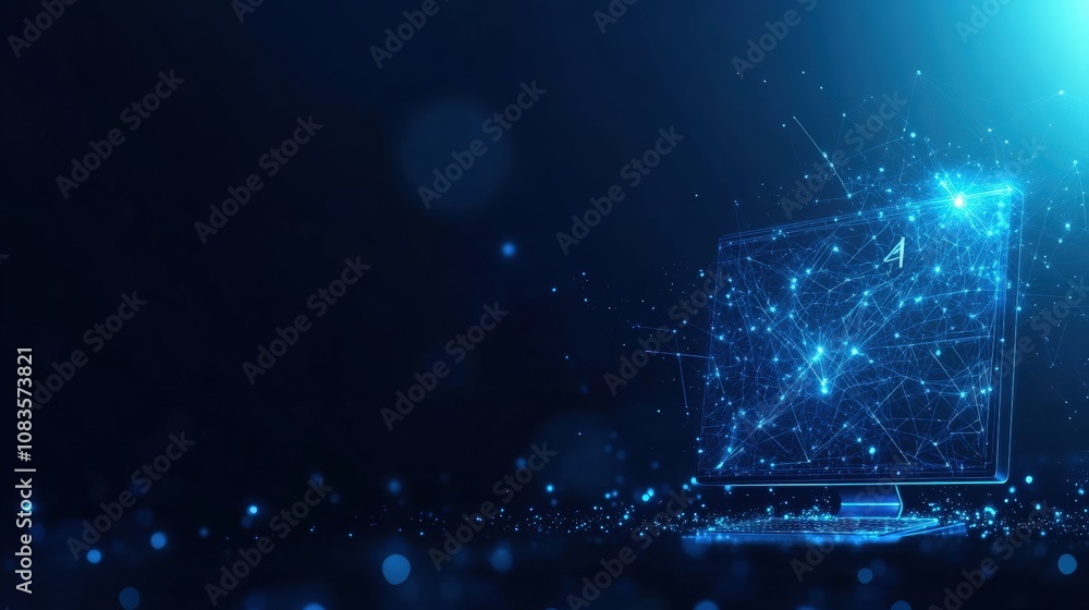 Aufkleber digital network visualization with connected nodes and data flow on a blue background.
