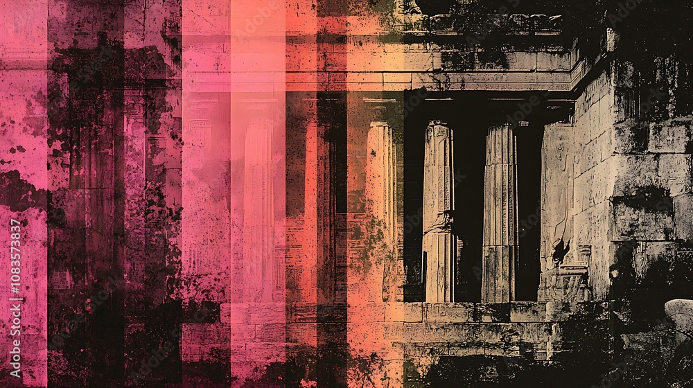 Poster abstract representation of classical architecture with pillars and distorted colors showcasing the b