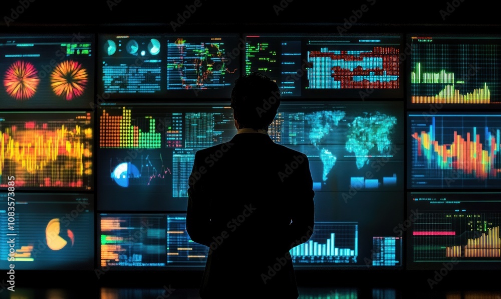 Aufkleber silhouetted figure observing data on multiple monitors