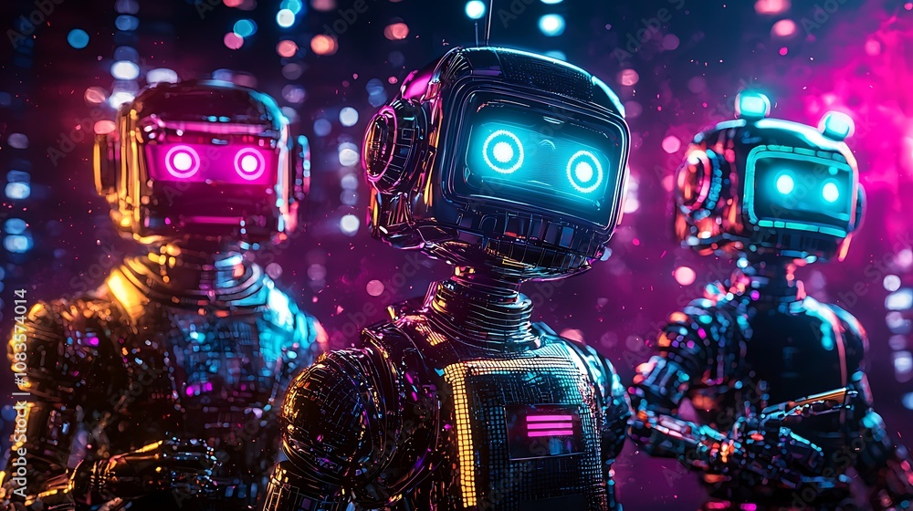 Poster futuristic robots with neon lights in a colorful digital background, showcasing advanced technology 