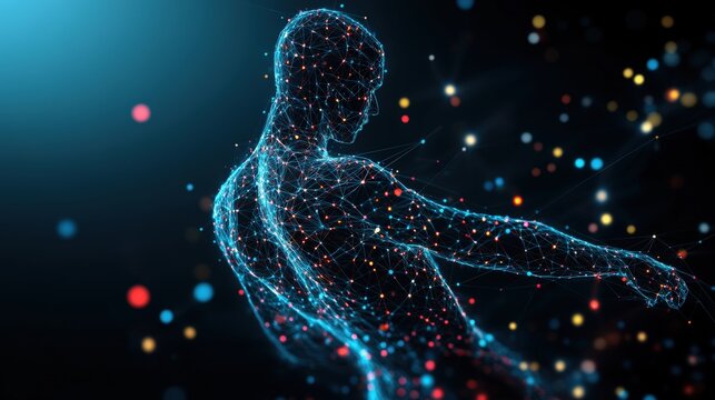 Digital silhouette with glowing particles, representing data flow and innovation.