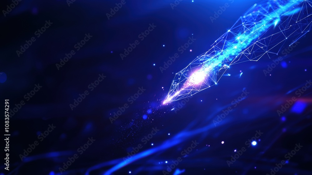 Poster futuristic abstract digital pen with glowing network lines in a dark space.