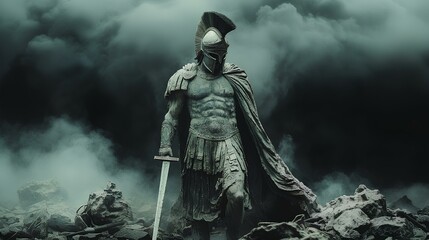 Fototapeta premium Ancient Greek statue of spartan warrior on moody background with fog. Ancient spartan warrior with wings and helmet during Roman Empire