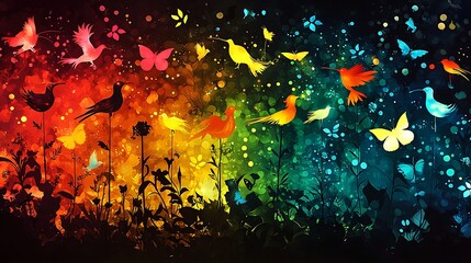 Fototapeta premium Vibrant Colorful Birds and Butterflies Against a Rainbow Background with Whimsical Flowers and Dreamy Bokeh Effect for Artistic Nature Illustrations