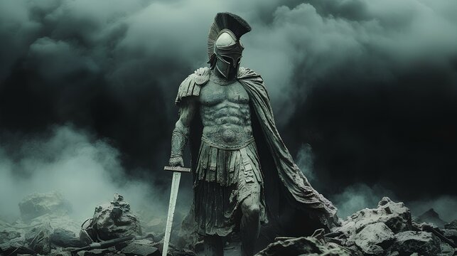 Ancient Greek statue of spartan warrior on moody background with fog. Ancient spartan warrior with wings and helmet during Roman Empire