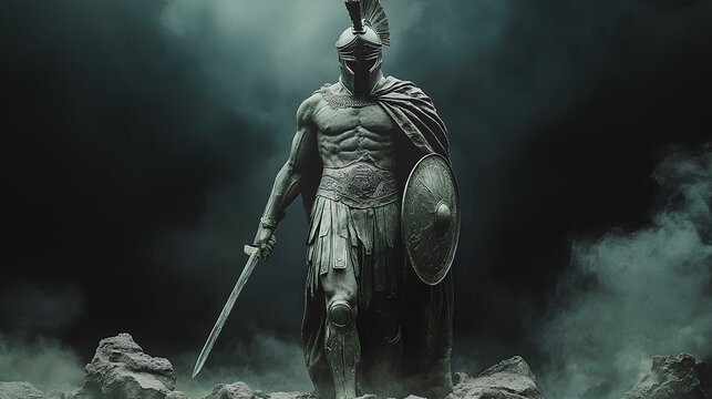 Ancient Greek statue of spartan warrior on moody background with fog. Ancient spartan warrior with wings and helmet during Roman Empire