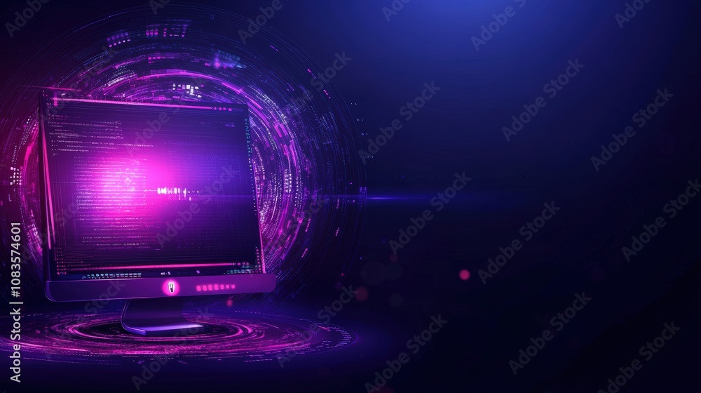 Poster futuristic computer screen with digital interface in vibrant neon colors.