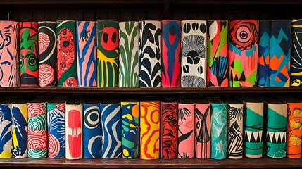 Fototapeta premium Colorful and Artistic Book Spines Displayed on a Wooden Shelf, Showcasing Unique Patterns and Designs in Vibrant Hues for Decorative Interior Inspiration