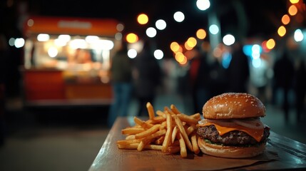 food truck serving burgers and fries at an outdoor festival, with people walking by in the background