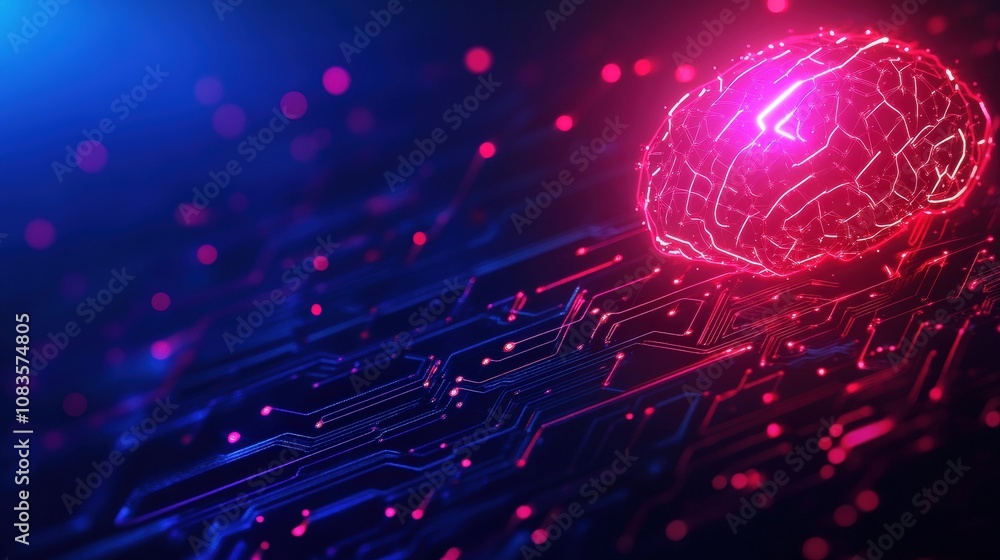 Poster futuristic digital brain with glowing circuits representing ai and innovation.