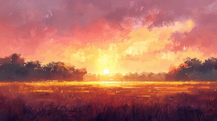 Fototapeta premium Vibrant sunset over calm lake and field.