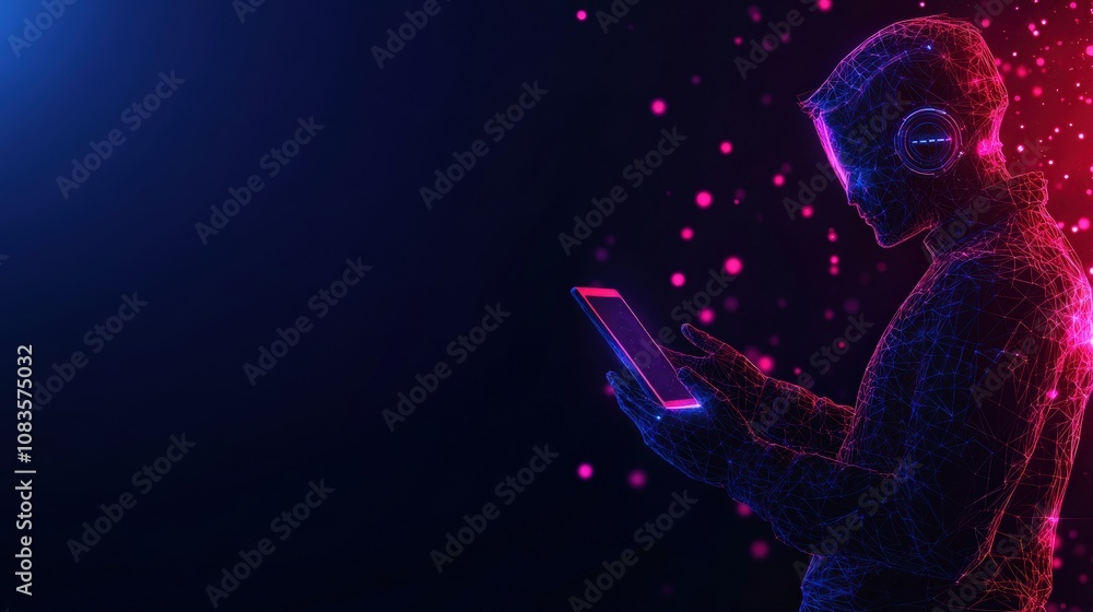 Poster futuristic digital depiction of a person using a tablet in a virtual reality environment.
