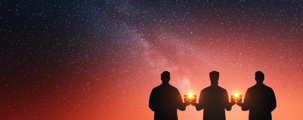 Naklejka premium Christmas gifts with religion and spirituality concept. Silhouettes of three figures holding candles against a starry night sky, symbolizing hope, unity, and reflection in a cosmic landscape