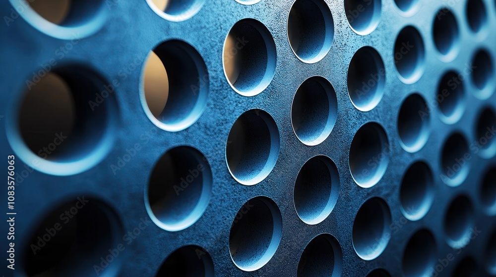 Poster close-up of a blue metallic surface with circular cutouts
