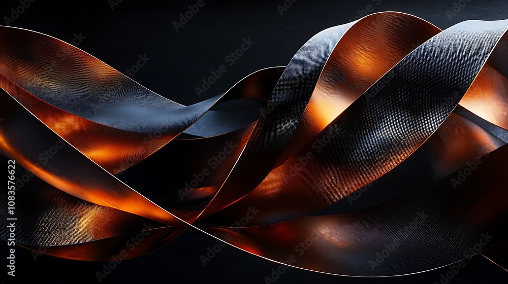 Poster abstract swirling ribbons with deep amber and black tones creating striking visual contrast, perfect