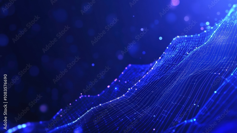Poster futuristic digital wave pattern with glowing blue particles and lines on dark background.