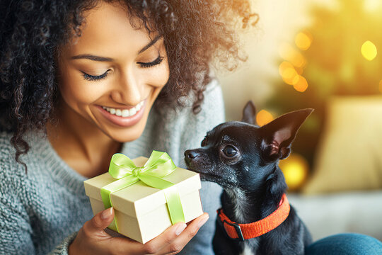 Smiling woman with curly hair holding a gift box with a green ribbon, sitting next to a black Chihuahua with a red collar, in a cozy holiday setting.
