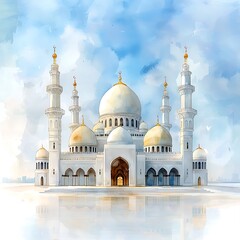 Obraz premium This stunning watercolor illustration of an Islamic mosque features intricate details of the architecture, with elegant domes and minarets rising against a clear blue sky