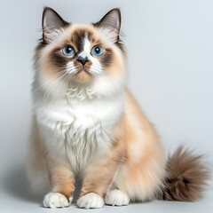 A fluffy Ragdoll cat with striking blue eyes, soft fur, and distinct color points on its ears, face, paws, and tail, is sitting gracefully on a white background