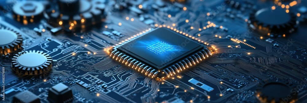 Poster This close-up view highlights a microprocessor alongside gears, emphasizing the complexity and precision of modern electronic design and engineering. Generative AI