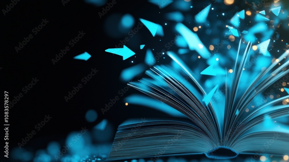 Poster glowing book with flying pages creating a magical, dynamic visual.
