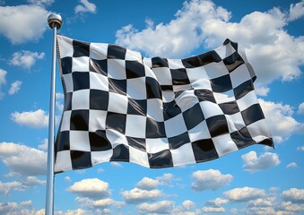 Checkered Flag Waving Against a Blue Sky with White Clouds