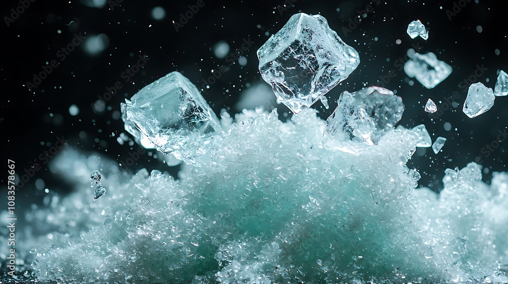 Poster ice cubes splashing in water creating dynamic and stunning visuals with droplets and bubbles, captur