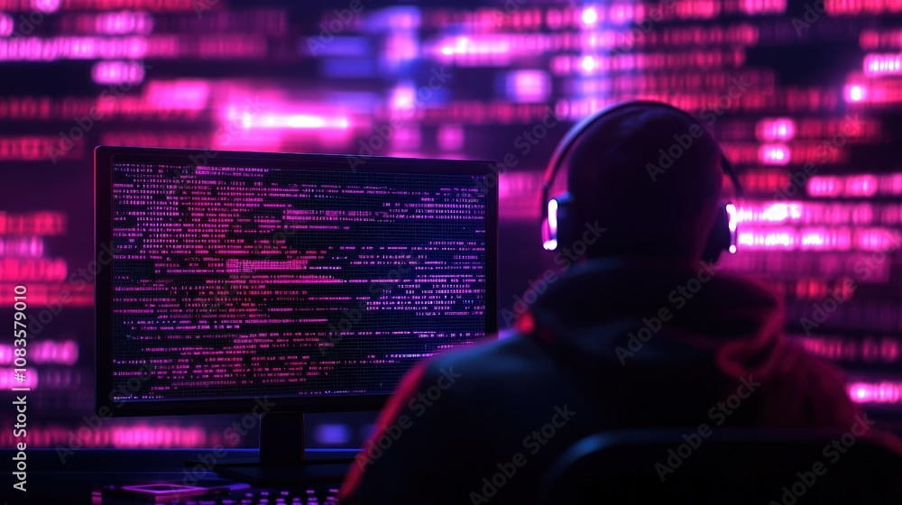 Poster hacker at computer with code on screen, in dark room with neon lights.