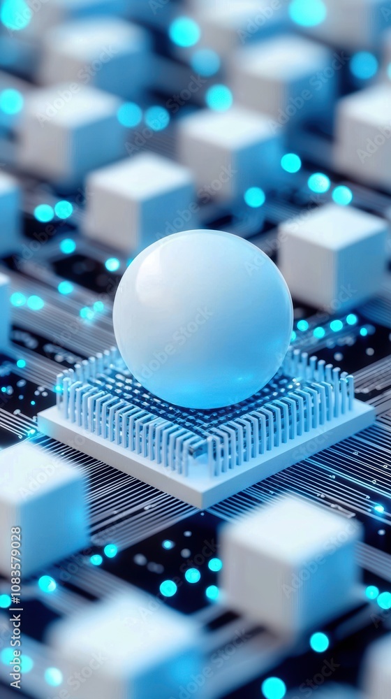 Poster close-up view of a futuristic circuit board with a white sphere on a microchip, showcasing advanced 