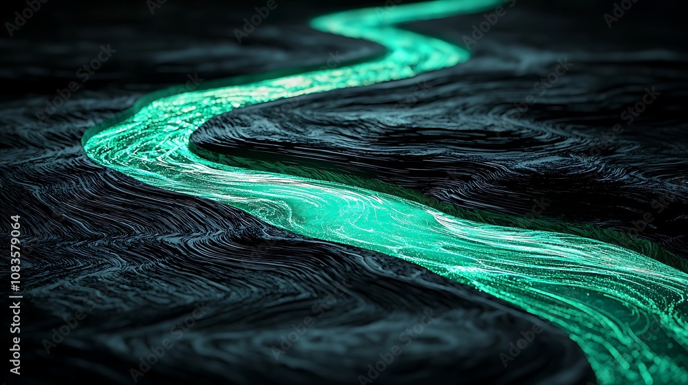 Aufkleber Ethereal Glowing Stream in Dark Waters with Abstract Patterns and Light Reflections, Creating a Mysterious and Tranquil Atmosphere