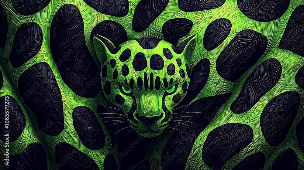 Aufkleber vivid green leopard surrounded by abstract black and green patterns, creating a mystical and enigmat