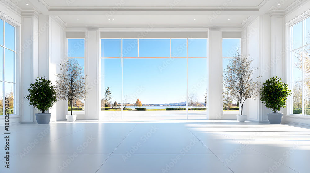 Poster a bright, spacious interior with large windows, showcasing a clear sky and greenery outside, creatin