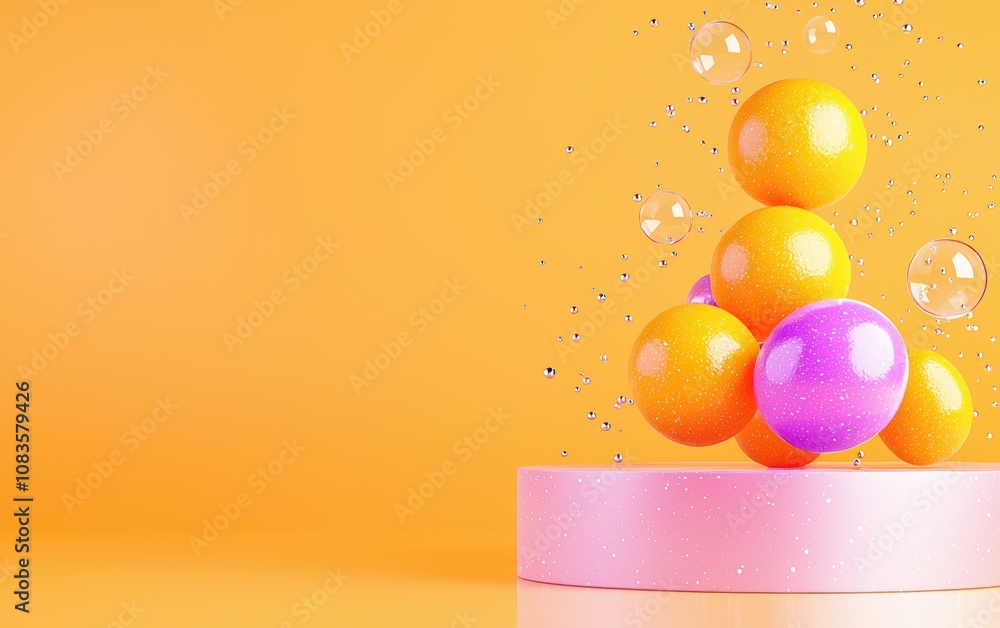 Poster colorful spheres float above a pink platform, creating a playful and vibrant visual in a bright oran