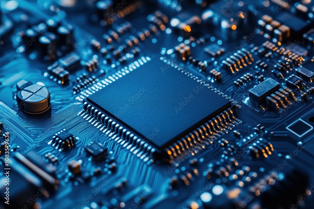 Poster A detailed view of a microprocessor surrounded by intricate gears and circuitry, highlighted by a calming blue glow in a workshop. Generative AI