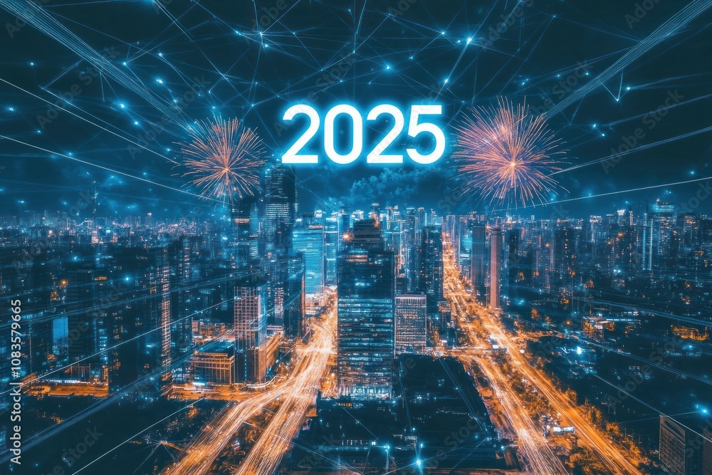 Fototapete Nighttime Cityscape with 2025 and Fireworks Display