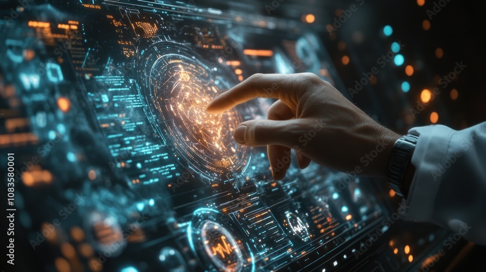 Aufkleber A Hand Interacts with a Futuristic Interface Displaying Data and Information