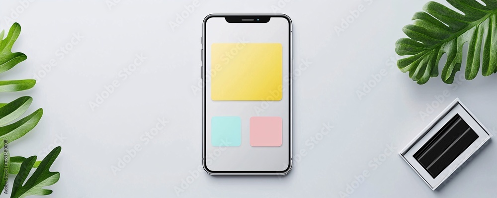 Poster digital branding preview of a mobile app interface on a high-resolution smartphone screen, placed on