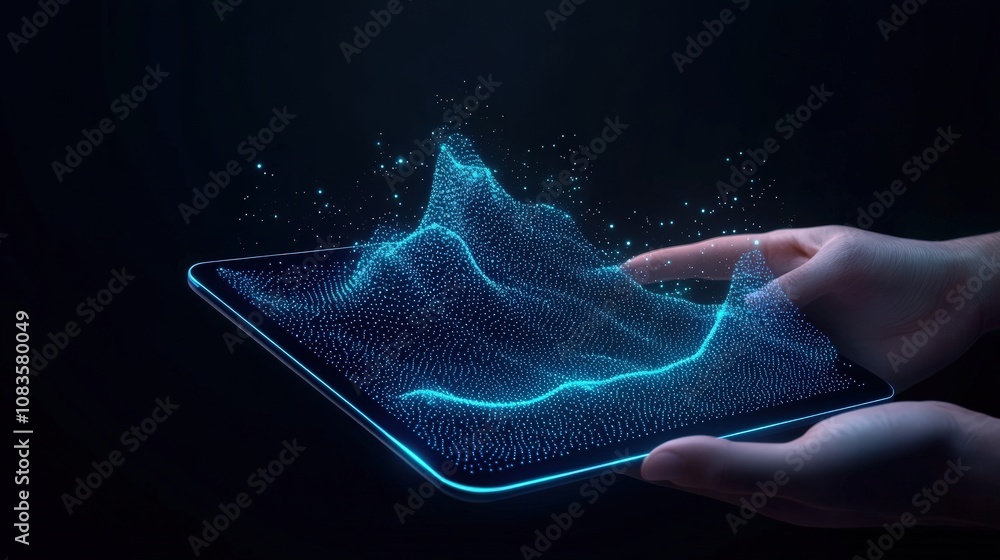 Poster hands interacting with digital holographic display showcasing data visualization.
