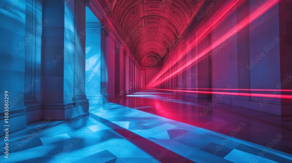 Poster Bright red laser beams cut through a spacious museum corridor, creating dynamic patterns and striking contrasts against the walls. Generative AI